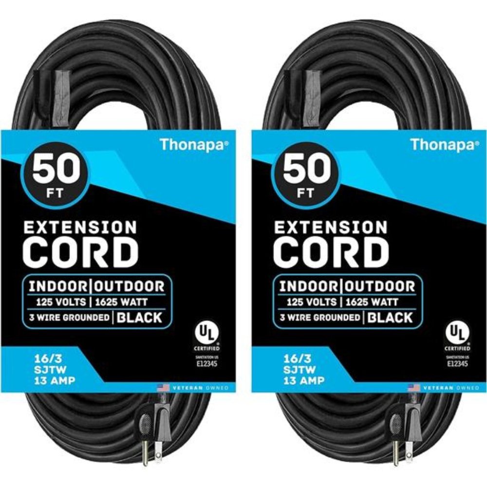 Weatherproof Black Extension Cord 50 Ft, 2 Pack, Extension Cord Outdoor 3 Prong